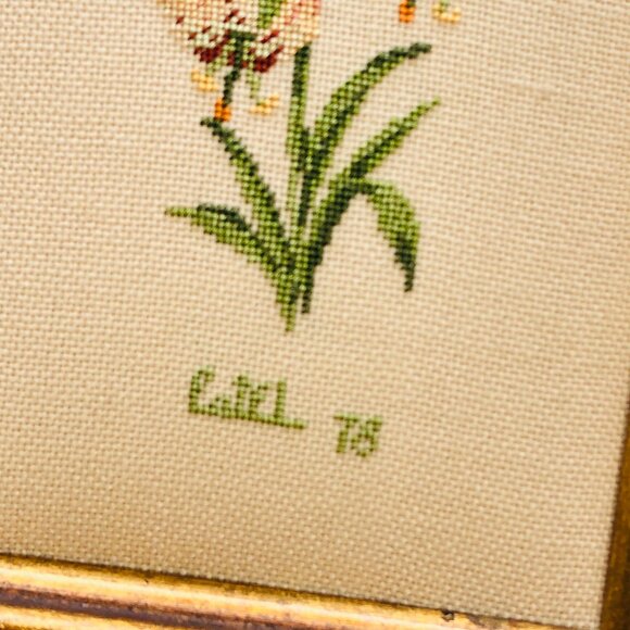 Vintage 70s Hand-stitched Needlepoint Flower Botanical Wall Hanging: Wood Frame - Picture 5 of 10